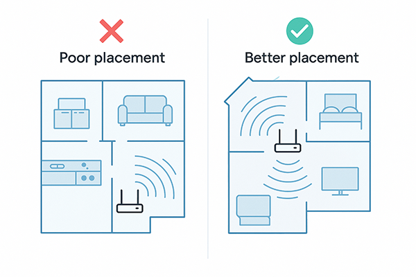 Diagram showing the ideal position for a Wi-Fi router in a home