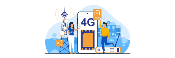 whimsical illustration of two people standing amid a telephone mast and in front of a mobile phone showing the text '4G' with a SIM card