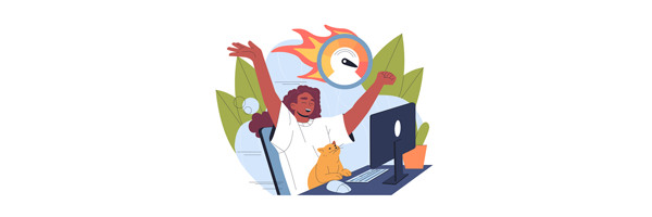 A whimsical illustration of a girl sat at a laptop with a ginger cat on her lap. She has her hands in the air looking happy her speed test results show she has fast broadband.