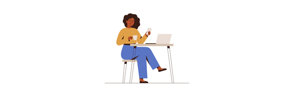 whimsical illustration of a girl using a mobile phone sat at a laptop