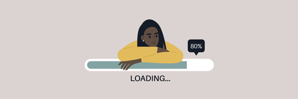 Young female Black character leaning on a progress bar, file uploading concept