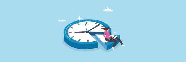 whimsical illustration of a woman sitting on a clockface using a laptop