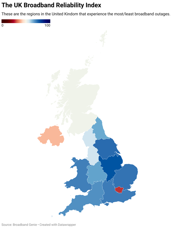 The most reliable regions in the UK for broadband - a map showing areas that experience the most/least outages 