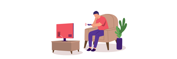 illustration of man sat on chair watching TV holding a remote control.