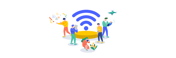 Public Online Access Zone Illustration with Typography. Smartphone, Woman, man, calla Lili, Drone, VR